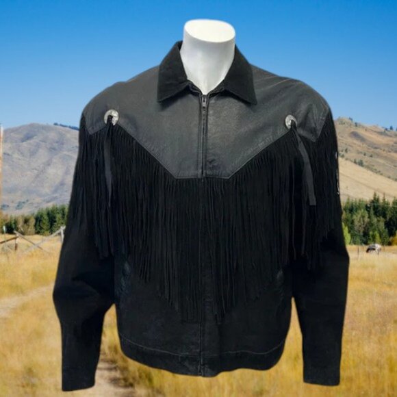 Vintage 80's Scully Black Leather Fringed Western Cowboy Jacket RARE Size 44 - Picture 2 of 14